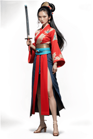 A stunning Chinese warrior stands alone, her long black hair adorned with a hair ornament and tied in a high bun. Her piercing gaze meets the viewer's as she holds a gleaming sword at her upper body level. She wears a traditional Chinese dress with flowing sleeves, a sash wrapped around her waist, and dangling earrings catch the light. A small forehead mark adds to her fierce warrior demeanor.