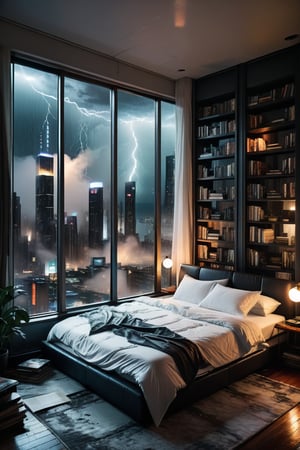 A dimly lit, cozy bedroom nestles against the floor-to-ceiling glass windows, offering a breathtaking view of the cyberpunk cityscape at night. The room's walls are lined with worn bookshelves, their contents spilling onto the plush carpet. White bedsheets drape elegantly across the mattress, illuminated by the faint glow of city lights below. As a thunderstorm rages outside, torrential rain lashes against the windows, casting an eerie mist over the scene. The atmosphere is heavy with anticipation, as if the storm's energy has seeped into the room itself.