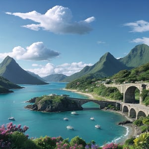 Panoramic shot of an idyllic coastal scene: majestic mountain peaks soar into the bright blue sky, where a wispy cloud drifts lazily across the cerulean expanse, casting a soft shadow on the tranquil ocean below. A fleet of big cruise ships glide effortlessly across the calm water's edge, as a sturdy high bridge crossing to the island blends rustic charm with surrounding flora amidst nature's serene backdrop.