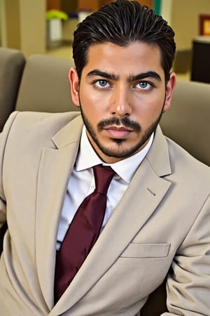 A young Italian businessman with striking blue eyes sits confidently in a plush lobby chair. He wears a tailored beige suit with large lapels that exude a sense of style, complemented by a sophisticated club tie. His brushed hair adds a touch of polish to his appearance, reflecting his meticulous attention to detail.