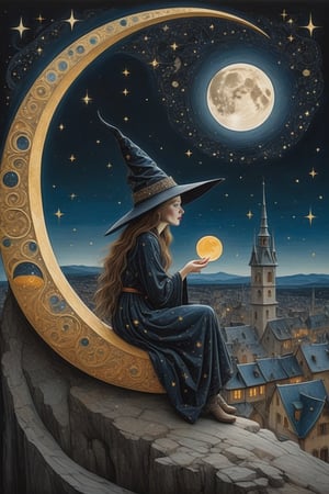 (masterpiece, top quality, best quality, official art, beautiful and aesthetic:1.2), (1girl:1.4), extreme detailed, a witch sitting on a crescent moon through a starry night, captured in the detailed gouache style of Hieronymous Bosch and Klimt,art_booster