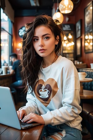 Elegant Italian brunette girl sits confidently at a cozy coffee shop, gazing directly into the lens. She's dressed in modern streetwear attire, complete with ripped jeans, a graphic tee, and sleek sneakers. Her raven locks cascade down her back, framing her heart-shaped face as she focuses intently on her laptop screen. Large, expressive eyes, round and bright like dark chocolate drops, sparkle with intellectual curiosity. The warm glow of the coffee shop's lamps highlights her porcelain skin, while the subtle bokeh effect in the background adds a touch of urban sophistication to this captivating portrait.