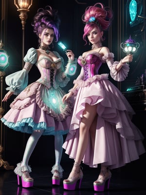 1girl,Nordic girl in Neo-Rococo cyberpunk Lolita fashion. Extravagant pastel-colored dress with oversized, ruffled skirt. Elaborate lace patterns interwoven with glowing fiber optics. Puffy sleeves with holographic accents. Corset-style bodice featuring miniature LED displays and touch-sensitive panels. Hair in high, complex updo with cybernetic accessories and neon streaks. Pale skin with subtle, iridescent makeup. Chunky platform shoes with built-in screens. Ornate handheld fan doubling as a holographic projector. Delicate cybernetic implants visible at temples and wrists. Background hints at futuristic baroque-inspired setting,MasterF,sagawa,FuturEvoLab-lora-mecha,goth person, ct-nijireal