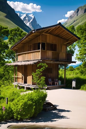 a village beautiful stilt hut made of local bush material, situated near a mountain river, surrounded by beautiful flowers, more huts at background, sealed footpaths connecting houses, mountains at background