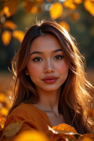 Beautiful soft light, (beautiful and delicate eyes), very detailed, pale skin, (long hair), dreamy, ((front shot)), soft expression, bright smile, art photography, fantasy, jewelry, shyness, soft image, masterpiece , ultra-high resolution, color, very delicate and soft lighting, details, Ultra HD, 8k, highest quality, silhouette of a woman in the fallen leaves, dual screen,