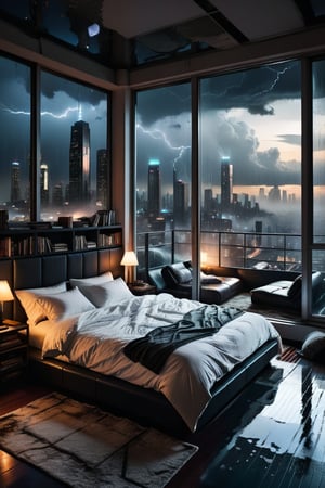 A dimly lit, cozy bedroom nestles against the floor-to-ceiling glass windows, offering a breathtaking view of the cyberpunk cityscape at night. The room's walls are lined with worn bookshelves, their contents spilling onto the plush carpet. White bedsheets drape elegantly across the mattress, illuminated by the faint glow of city lights below. As a thunderstorm rages outside, torrential rain lashes against the windows, casting an eerie mist over the scene. The atmosphere is heavy with anticipation, as if the storm's energy has seeped into the room itself.