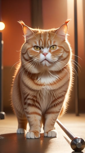 Close-up shot of a sorrowful, obese red cat standing on all fours, its whiskers slightly drooped as it strains to lift a miniature barbell with one paw, the metal gleaming in a warm, dimly lit environment with a subtle orange glow, the cat's rounded belly and chunky limbs creating a humorous contrast with its Herculean effort.
