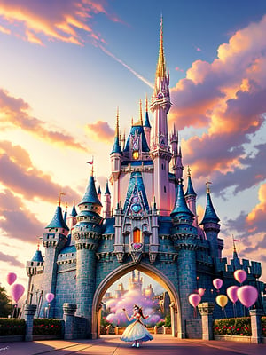 A majestic Disney castle stands tall and proud at sunset, its magnificent turrets and towers illuminated by a warm golden light. The air is filled with the sweet scent of cotton candy as children's dreams come alive in this stunning fantasy world. A princess emerges from the castle gates, her sparkling tiara gleaming in the fading light, as if stepping into a fairy tale.