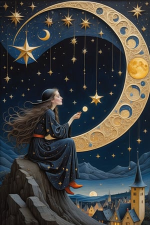 (masterpiece, top quality, best quality, official art, beautiful and aesthetic:1.2), (1girl:1.4), extreme detailed, a witch sitting on a crescent moon through a starry night, captured in the detailed gouache style of Hieronymous Bosch and Klimt,art_booster