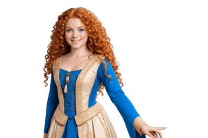 ((Generate  Portrait of  princess Merida, )) 
ginger curly very long hair, smile, blue eyes,  beautiful,  gorgeous,  (Wearing a medieval Scottish dress,)