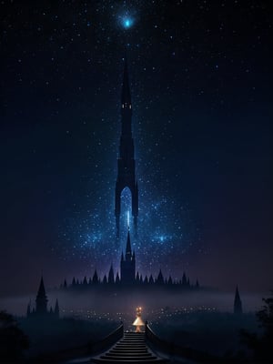 A princess stands regally beneath a starry night sky, her stunning costume shimmering with intricate details and sparkling gemstones. Her beautiful eyes, like diamonds in the moonlight, sparkle with an inner radiance as she surveys her epic fantasy realm. The dark silhouette of towering spires and grand architecture stretches out behind her, bathed in a soft, ethereal glow.