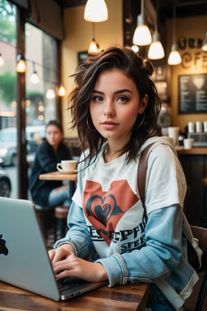 Elegant Italian brunette girl sits confidently at a cozy coffee shop, gazing directly into the lens. She's dressed in modern streetwear attire, complete with ripped jeans, a graphic tee, and sleek sneakers. Her raven locks cascade down her back, framing her heart-shaped face as she focuses intently on her laptop screen. Large, expressive eyes, round and bright like dark chocolate drops, sparkle with intellectual curiosity. The warm glow of the coffee shop's lamps highlights her porcelain skin, while the subtle bokeh effect in the background adds a touch of urban sophistication to this captivating portrait.