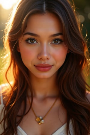 Beautiful soft light, (beautiful and delicate eyes), very detailed, pale skin, (long hair), dreamy, ((front shot)), soft expression, bright smile, art photography, fantasy, jewelry, shyness, soft image, masterpiece , ultra-high resolution, color, very delicate and soft lighting, details, Ultra HD, 8k, highest quality, silhouette of a woman in the fallen leaves, dual screen,