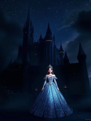 A princess stands regally beneath a starry night sky, her stunning costume shimmering with intricate details and sparkling gemstones. Her beautiful eyes, like diamonds in the moonlight, sparkle with an inner radiance as she surveys her epic fantasy realm. The dark silhouette of towering spires and grand architecture stretches out behind her, bathed in a soft, ethereal glow.