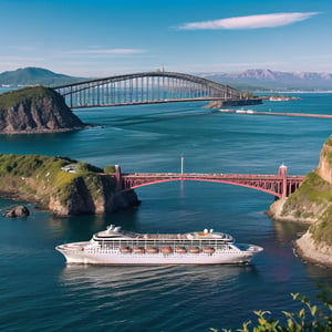 A majestic mountain range soars into a brilliant blue sky, where a wispy cloud drifts lazily, casting a soft shadow on the tranquil ocean below. A fleet of big cruise ships glide effortlessly across the calm water's edge, framed by the sturdy high bridge crossing to the island, blending rustic beauty with surrounding flowers amidst nature's serene backdrop.