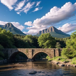 A serene outdoor setting: a majestic mountain rises from the valley, its rugged peaks touching the bright blue sky. A gentle cloud drifts lazily across the cerulean expanse, casting a soft shadow on the tranquil river below. The water's edge is marked by a sturdy stone bridge, its rustic beauty blending seamlessly with the natural surroundings.