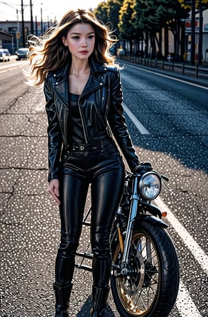 Melissa Benoist, riding a powerful motorcycle on a sun-drenched asphalt highway, astride with poise and confidence. Black leather jacket and matching chaps accentuate her pin-up beauty as warm sunlight casts a golden glow, highlighting her determined gaze and tousled hair blown back by the wind, directly entering the frame with unbridled freedom.,<lora:659111690174031528:1.0>