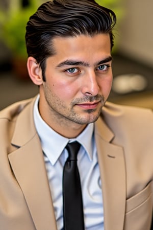 A young Italian businessman with striking blue eyes sits confidently in a plush lobby chair. He wears a tailored beige suit with large lapels that exude a sense of style, complemented by a sophisticated club tie. His brushed hair adds a touch of polish to his appearance, reflecting his meticulous attention to detail.