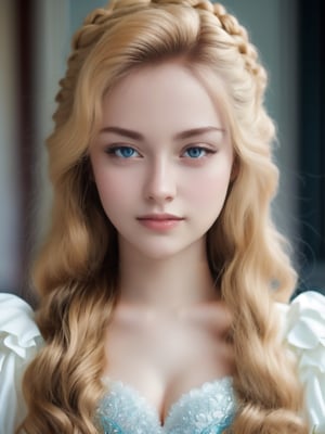 A breathtakingly beautiful princess gazing directly into the camera lens. The close-up framing showcases her flawless, porcelain-doll-like complexion with a subtle flush on her cheeks, giving way to fluffy, radiant skin that seems almost otherworldly. Her shining blue eye sparkles like a sapphire, drawing the viewer's attention as it appears to be staring right back at them. Tendrils of beautiful blonde hair cascade down her shoulders and across her chest, framing her charming smile that could stop traffic. The soft focus and delicate lighting create an ethereal atmosphere, making her look like a mythical creature come to life.