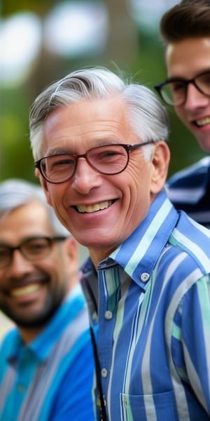 looking at viewer, smile, shirt, jewelry, upper body, grey hair, male focus, multiple boys, glasses, teeth, striped, collared shirt, necklace, grin, blurry, depth of field, blurry background, 3boys, blue shirt, striped shirt, old, old man, old woman, wrinkled skin