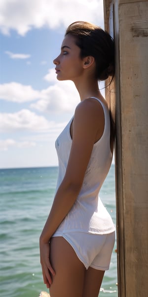 Here's a prompt for SD:

A fine art photograph by SAM YANG, titled Ethereal Moment. A dark- skinned female stands solo, profile framed, with long brown hair cascading down her back. Her closed eyes and serene expression evoke a sense of tranquility. She wears a sleeveless dress that hugs her curves, against the serene blue sky with white clouds. The sunlight casts a warm glow from above, creating a fill light effect. In the foreground, she wades in calm water, wearing a white short pant and splashing gently, as if lost in thought. The photorealistic image is rendered with SD 1.5 base model.
