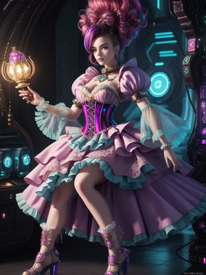 1girl,Nordic girl in Neo-Rococo cyberpunk Lolita fashion. Extravagant pastel-colored dress with oversized, ruffled skirt. Elaborate lace patterns interwoven with glowing fiber optics. Puffy sleeves with holographic accents. Corset-style bodice featuring miniature LED displays and touch-sensitive panels. Hair in high, complex updo with cybernetic accessories and neon streaks. Pale skin with subtle, iridescent makeup. Chunky platform shoes with built-in screens. Ornate handheld fan doubling as a holographic projector. Delicate cybernetic implants visible at temples and wrists. Background hints at futuristic baroque-inspired setting,MasterF,sagawa,FuturEvoLab-lora-mecha,goth person, ct-nijireal