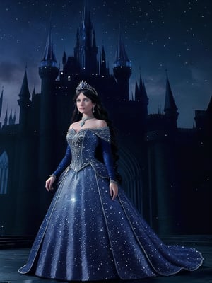 A princess stands regally beneath a starry night sky, her stunning costume shimmering with intricate details and sparkling gemstones. Her beautiful eyes, like diamonds in the moonlight, sparkle with an inner radiance as she surveys her epic fantasy realm. The dark silhouette of towering spires and grand architecture stretches out behind her, bathed in a soft, ethereal glow.