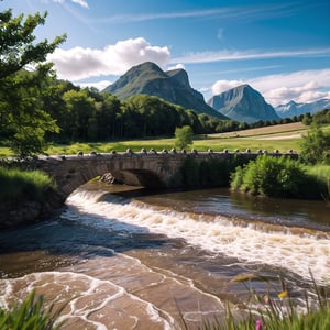 A serene outdoor setting: a majestic mountain rises from the valley, its rugged peaks touching the bright blue sky. A gentle cloud drifts lazily across the cerulean expanse, casting a soft shadow on the tranquil river below. The water's edge is marked by a sturdy stone bridge, its rustic beauty blending seamlessly with the natural surroundings.,Nature