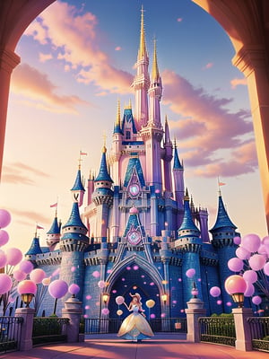 A majestic Disney castle stands tall and proud at sunset, its magnificent turrets and towers illuminated by a warm golden light. The air is filled with the sweet scent of cotton candy as children's dreams come alive in this stunning fantasy world. A princess emerges from the castle gates, her sparkling tiara gleaming in the fading light, as if stepping into a fairy tale.