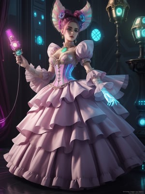 1girl,Nordic girl in Neo-Rococo cyberpunk Lolita fashion. Extravagant pastel-colored dress with oversized, ruffled skirt. Elaborate lace patterns interwoven with glowing fiber optics. Puffy sleeves with holographic accents. Corset-style bodice featuring miniature LED displays and touch-sensitive panels. Hair in high, complex updo with cybernetic accessories and neon streaks. Pale skin with subtle, iridescent makeup. Chunky platform shoes with built-in screens. Ornate handheld fan doubling as a holographic projector. Delicate cybernetic implants visible at temples and wrists. Background hints at futuristic baroque-inspired setting,MasterF,sagawa,FuturEvoLab-lora-mecha,goth person, ct-nijireal
