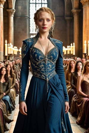 A runway stretches across the Great Hall of King's Landing, adorned with intricate tapestries and flickering candles. Models showcasing the latest Seven Kingdoms' couture walk amidst a sea of ornate thrones and regal finery. Daenerys' dragon-scaled armor-inspired gowns shine beneath the chandeliers, while Cersei's opulent dresses flutter like royal decrees. Jon Snow's rugged, medieval-inspired attire contrasts with the delicate lace and silk of Sansa Stark's flowing ensemble. The crowd, comprised of nobles and commoners alike, gazes in awe as the catwalk comes alive with the fusion of fashion and fantasy.