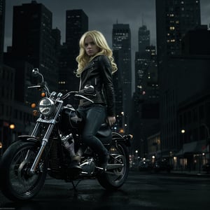A moody shot of a blonde girl astride her Harley Davidson motorcycle, parked on a gritty New York City street at dusk. The cityscape behind her is shrouded in shadows, with the iconic skyscrapers reduced to dark silhouettes. The only pop of color comes from her bright blonde hair, styled in loose waves as she gazes out at the camera with a mix of rebellion and vulnerability. The black and white tones evoke a sense of edginess, perfect for a title like Wicked Game.