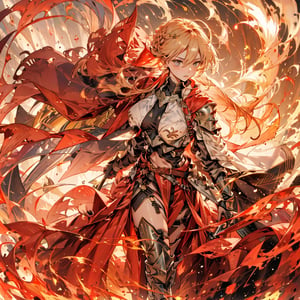 A girl who has a fire sword she have a white armor and red cape,FK,ARTORIALANCER,BRAID