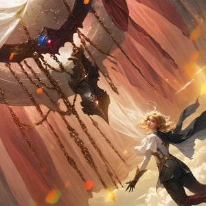 A mysterious scene unfolds: A young woman's golden blonde hair cascades down her back as she gazes wistfully at the crimson-hued sky. Her wing-shaped accessories glint in the soft light, while a sheer white blouse and flowing black cape billow behind her. Her arm stretches upwards, as if yearning to grasp the clouds. Before her stands an ethereal figure, clad in white robes, about to open a shimmering portal. The dimensional rift above it overflows with eyes, resembling twisted droplets of water, as the viewer is drawn into this otherworldly realm.