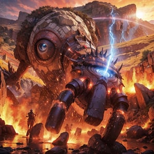 A mystical landscape unfolds as the glowing elemental stone golem emerges from rugged terrain, its red and white hues illuminating wispy clouds. A meandering water stream weaves through the scenery as the giant rock monster's massive form marches towards the fiery glow on the horizon. The cyclopean eye, a piercing hyper-realistic gaze, fixes intently ahead, while an outstretched hand cradles a spear of crackling blue energy within an ancient cosmic force's circular boundary.