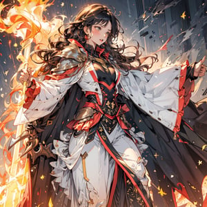 A large-busted magician with a trident made of fire has a black cape and white suit that you can see her sexy unbuttoned blouse