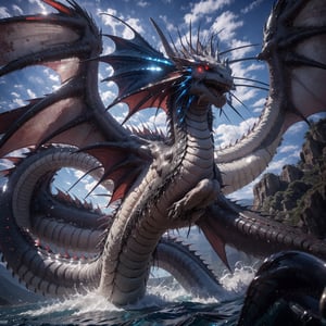 A white dragon with blue details like lines and red eyes it have a 2 wings,CLOUD, no humans, glowing eyes,water,leviathandef, 8k ultra realism.master pice