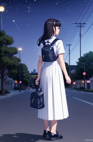 (fulldetail), (4k), 8k, long hair, multiple girls, skirt, shirt, black hair, hair ornament, long sleeves, dress, 2girls, school uniform, white shirt, pleated skirt, outdoors, sky, shoes, socks, black skirt, bag, from behind, two side up, tree, night, holding hands, backpack, building, sneakers, star \(sky\), night sky, scenery, starry sky, walking, shoulder bag, city, sign, road, lamppost, street, midjourney, perfect face, perfect body, ((perfect hands:1.3)), perfect legs