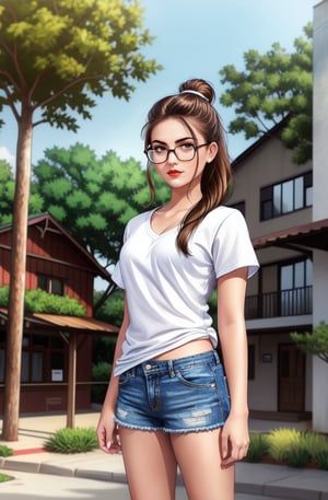 1girl, solo, long hair, brown hair, shirt, standing, full body, white shirt, outdoors, shoes, glasses, shorts, day, hair bun, tree, short shorts, black shorts, single hair bun, white footwear, grass, plant, denim, building, clothes writing, denim shorts, print shirt, photo background