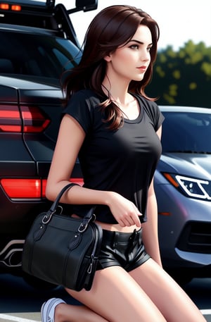 1girl, solo, long hair, looking at viewer, smile, brown hair, shirt, brown eyes, jewelry, sitting, short sleeves, multicolored hair, shorts, bag, black shirt, black shorts, ring, ground vehicle, motor vehicle, realistic, car