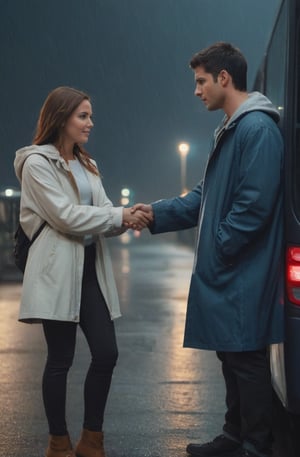 European, two young people, masterpiece, top quality, young man and girl are very in love with each other, both 28 years old. Under the rain, the girl is wearing a raincoat and jeans underneath, the man is wearing a blue jacket and jeans, an extremely sad and emotional scene in the night intercity ((at the bus terminal)). girl is about to break up with her boyfriend, their hands are about to be separated from each other, shot from outside, woman about to be left alone, rain, ((terminal)) man waves to the girl from inside the bus and the girl cries very emotionally, drenched, professional professionalism, crooked, both, facing viewer, seen to viewer, live 8k, ultra realistic, night, upper body, photo r3al, shooting star, photo r3al