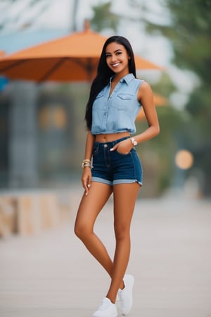 A young girl with striking features sits confidently, her dark hair styled in a sleek ponytail. She wears a sleeveless blue denim shirt that complements her bright smile, paired with short shorts that accentuate her toned legs. A delicate bracelet adorns her wrist, and she gazes directly into the camera with an air of self-assurance, exuding a sense of independence and poise.,Wonder of Beauty