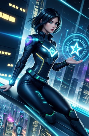 A cyberpunk hacker, her raven-black hair framing her striking green eyes, sits precariously on the edge of a sleek, high-tech building as she manipulates the holographic interface projected before her. A shimmering magic circle encircles her, illuminated by dancing light particles and rays that refract off the futuristic cityscape below. In front of her, a terminal hums to life, surrounded by swirling holographic code. With an air of defiance and exhilaration, she gazes out at the city, her presence a testament to the limitless power of innovation.