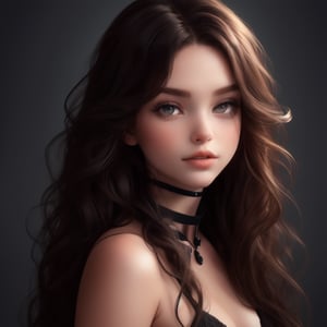 A stunning portrait of a young woman with long, curly brown hair cascading down her back. Her bright blue eyes sparkle as she gazes directly at the viewer, a subtle smile playing on her lips. A delicate black choker adorns her neck, and her nails are painted a deep shade of black. Her skin has a radiant glow, with a slight head tilt that gives her an air of quiet confidence. The camera captures her closed-mouth expression, emphasizing the allure of her bright blue eyes and the subtle curve of her lips.