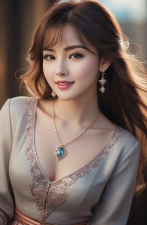 Beautiful, soft light, (beautiful and delicate eyes), very detailed, pale skin, big smile, (long hair), dreamy, medium chest, female 1, ((front shot)), bangs, soft expression, height 170, elegant , Bright smile, 8k art photo, photorealistic concept art, realistic, person, small necklace, small earrings, fantasy, jewelry, shyness, dreamy soft image, masterpiece, ultra high resolution, skirt, shirt, jacket, color , (both eyes (winds gently), (raises head slightly and looks immersed in happy thoughts),colorful,glitter