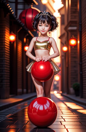 Realistic 16K resolution bullet time photography of 1 girl with exquisitely perfect face, joyful face, wearing fashionable outfit, standing in front of a large red ball in Tainan alley, displaying exaggerated posture and movement, illuminated by film grain, Film photo style, realistic skin, Rough skin, fish-eye lens, dramatic lighting, soft lighting.