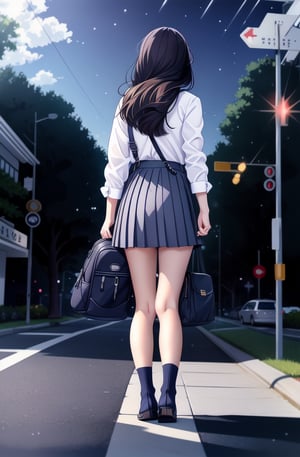 (fulldetail), (4k), 8k, long hair, multiple girls, skirt, shirt, black hair, hair ornament, long sleeves, dress, 2girls, school uniform, white shirt, pleated skirt, outdoors, sky, shoes, socks, black skirt, bag, from behind, two side up, tree, night, holding hands, backpack, building, sneakers, star \(sky\), night sky, scenery, starry sky, walking, shoulder bag, city, sign, road, lamppost, street, midjourney, perfect face, perfect body, ((perfect hands:1.3)), perfect legs