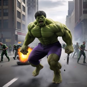 the angry incredible hulk using his powerful energy to pull the tank,realistic,riot street view with bustling atmophere, ambulance present every corner,explosion rock the city, ultra 8k detailed,master detailed,T-90M,Portrait