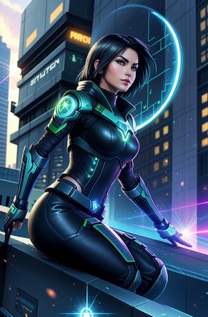 (masterpiece), 1girl, holographic interface, cyberpunk, hacker, medium black hair, green eyes, magic circle, hologram, terminal, holographic computer, light particles, light rays, futuristic setting, Sitting on the edge of a building, 


Her expression a mix of defiance and exhilaration. ,HologramCzar