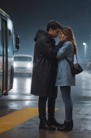 European, two young people, masterpiece, top quality, young man and girl are very in love with each other, both 28 years old. Under the rain, the girl is wearing a raincoat and jeans underneath, the man is wearing a blue jacket and jeans, an extremely sad and emotional scene in the night intercity ((at the bus terminal)). girl is about to break up with her boyfriend, their hands are about to be separated from each other, shot from outside, woman about to be left alone, rain, ((terminal)) man waves to the girl from inside the bus and the girl cries very emotionally, drenched, professional professionalism, crooked, both, facing viewer, seen to viewer, live 8k, ultra realistic, night, upper body, photo r3al, shooting star, photo r3al